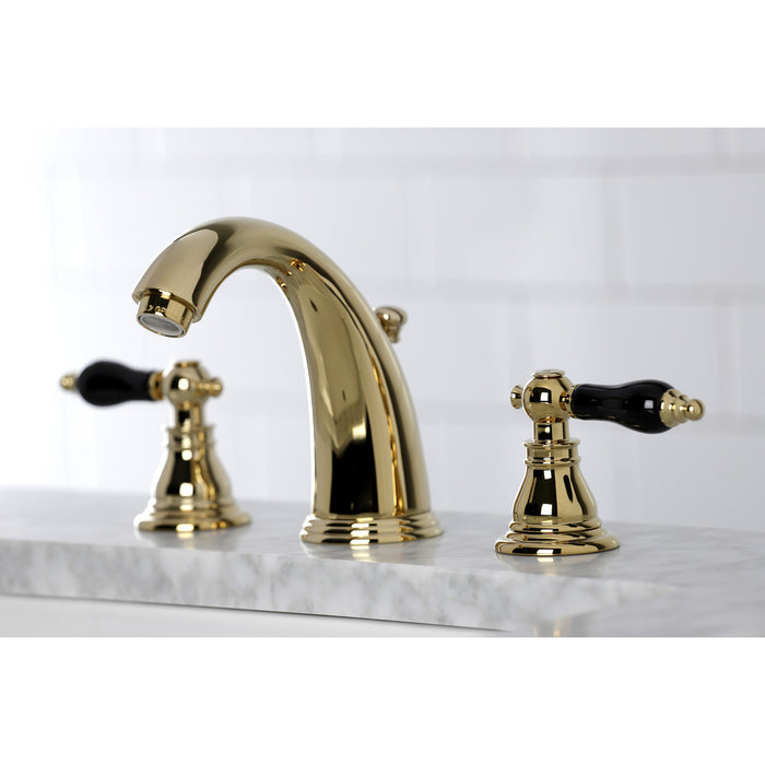 Kingston Heirloom KB982AKL - Duchess Two-Handle 3-Hole Deck Mount Widespread Bathroom Faucet with Pop-Up Drain, Polished Brass