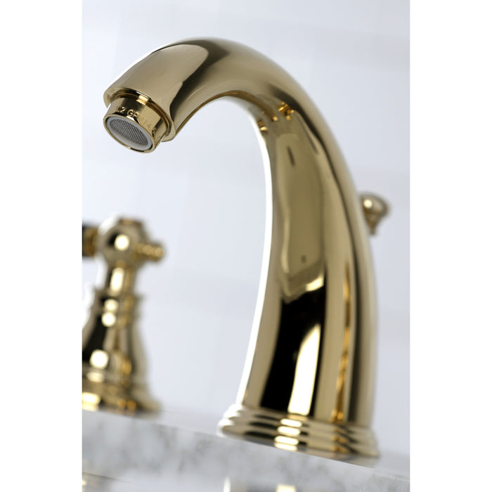 Kingston Heirloom KB982AKL - Duchess Two-Handle 3-Hole Deck Mount Widespread Bathroom Faucet with Pop-Up Drain, Polished Brass