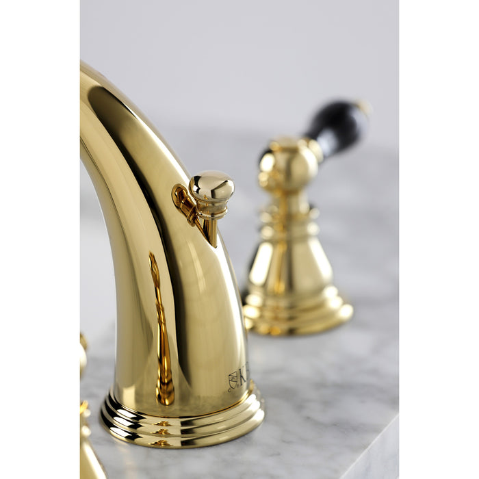 Kingston Heirloom KB982AKL - Duchess Two-Handle 3-Hole Deck Mount Widespread Bathroom Faucet with Pop-Up Drain, Polished Brass