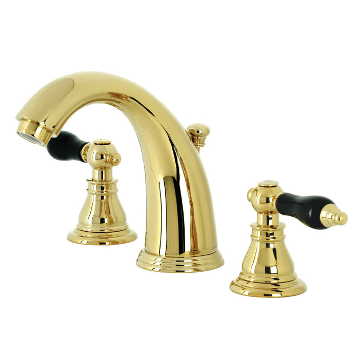 Kingston Heirloom KB982AKL - Duchess Two-Handle 3-Hole Deck Mount Widespread Bathroom Faucet with Pop-Up Drain, Polished Brass