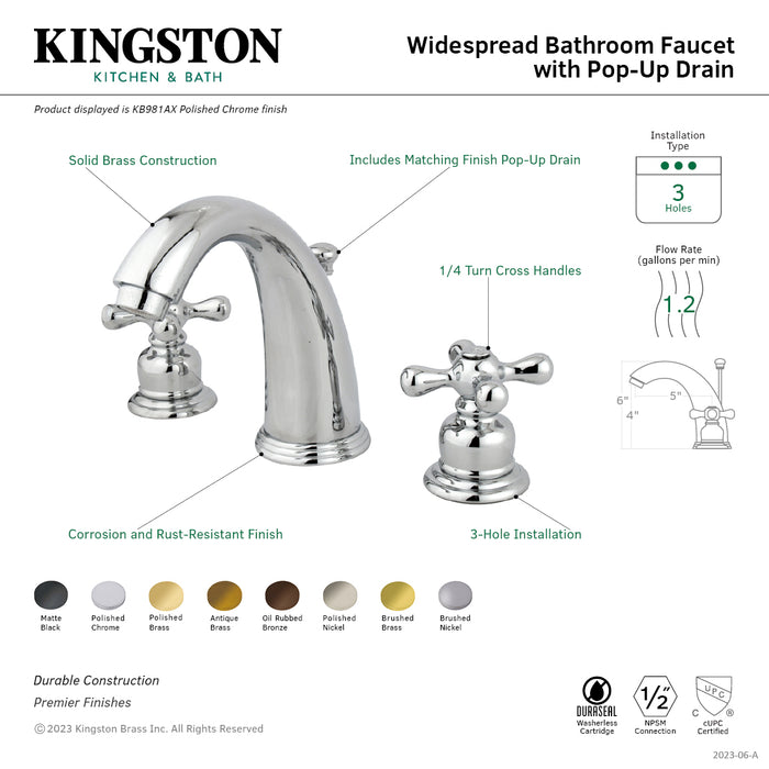 Kingston Heirloom KB982AX - Victorian Two-Handle 3-Hole Deck Mount Widespread Bathroom Faucet with Pop-Up Drain, Polished Brass