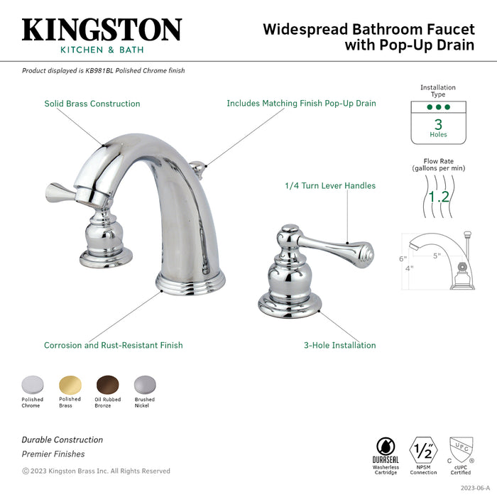 Kingston Heirloom KB982BL - Victorian Two-Handle 3-Hole Deck Mount Widespread Bathroom Faucet with Pop-Up Drain, Polished Brass
