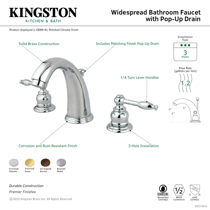 Knight KB982KL Two-Handle 3-Hole Deck Mount Widespread Bathroom Faucet with Plastic Pop-Up, Polished Brass