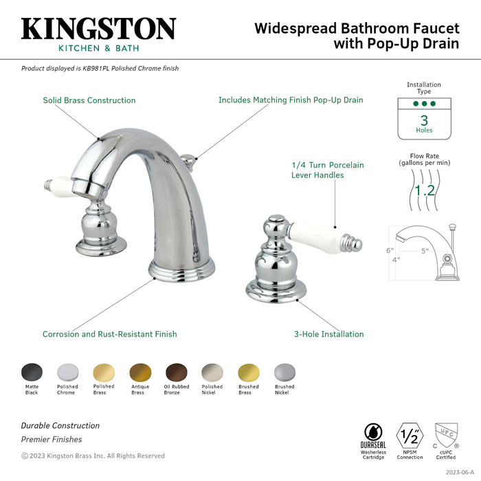 Victorian KB982PL Two-Handle 3-Hole Deck Mount Widespread Bathroom Faucet with Plastic Pop-Up, Polished Brass