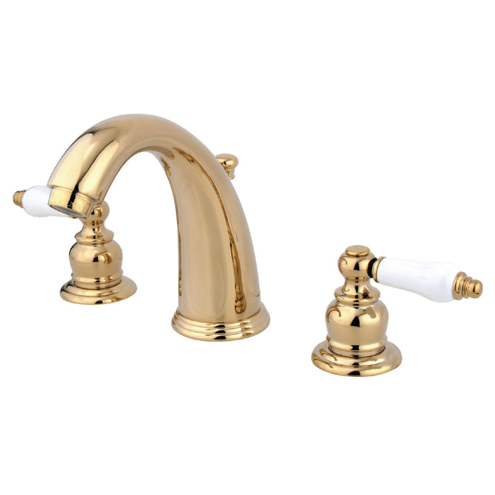 Kingston Heirloom KB982PL - Victorian Two-Handle 3-Hole Deck Mount Widespread Bathroom Faucet with Pop-Up Drain, Polished Brass