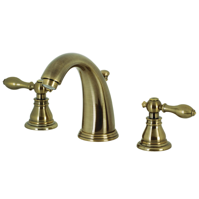 Kingston Tulare KB983ACLAB - American Classic Two-Handle 3-Hole Deck Mount Widespread Bathroom Faucet with Pop-Up Drain, Antique Brass