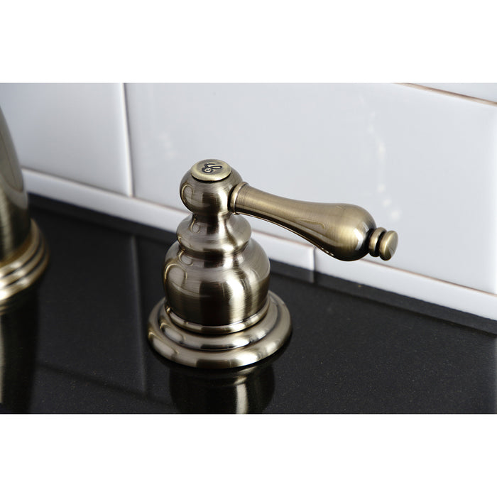 Kingston Heirloom KB983ALAB - Victorian Two-Handle 3-Hole Deck Mount Widespread Bathroom Faucet with Pop-Up Drain, Antique Brass