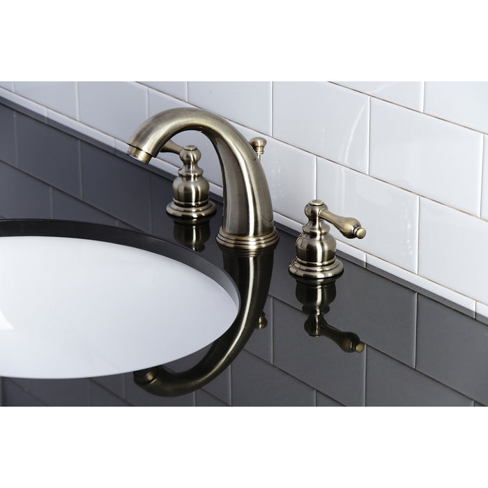 Kingston Heirloom KB983ALAB - Victorian Two-Handle 3-Hole Deck Mount Widespread Bathroom Faucet with Pop-Up Drain, Antique Brass