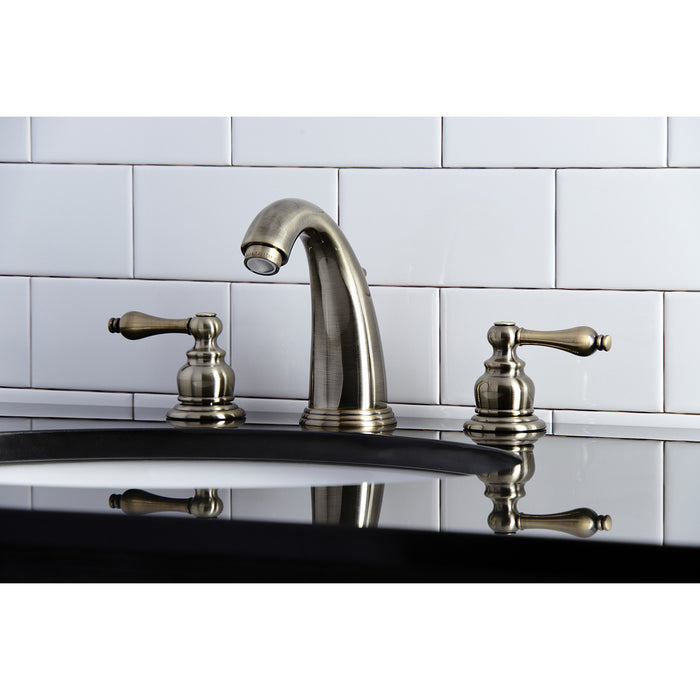 Victorian KB983ALAB Two-Handle 3-Hole Deck Mount Widespread Bathroom Faucet with Plastic Pop-Up, Antique Brass