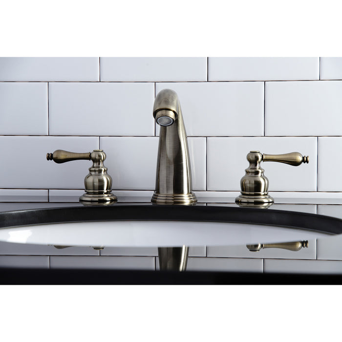 Kingston Heirloom KB983ALAB - Victorian Two-Handle 3-Hole Deck Mount Widespread Bathroom Faucet with Pop-Up Drain, Antique Brass