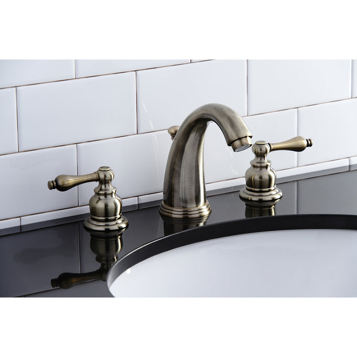 Victorian KB983ALAB Two-Handle 3-Hole Deck Mount Widespread Bathroom Faucet with Plastic Pop-Up, Antique Brass