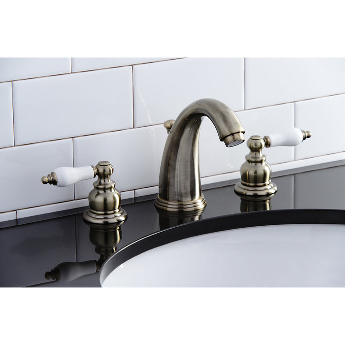 Victorian KB983PLAB Two-Handle 3-Hole Deck Mount Widespread Bathroom Faucet with Plastic Pop-Up, Antique Brass