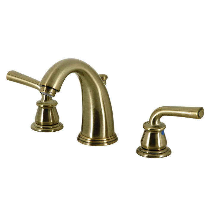 Kingston Tulare KB983RXLAB - Restoration Two-Handle 3-Hole Deck Mount Widespread Bathroom Faucet with Pop-Up Drain, Antique Brass