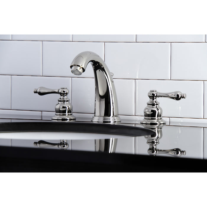 Victorian KB986ALPN Two-Handle 3-Hole Deck Mount Widespread Bathroom Faucet with Plastic Pop-Up, Polished Nickel