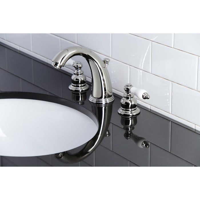 Kingston Heirloom KB986PLPN - Victorian Two-Handle 3-Hole Deck Mount Widespread Bathroom Faucet with Pop-Up Drain, Polished Nickel