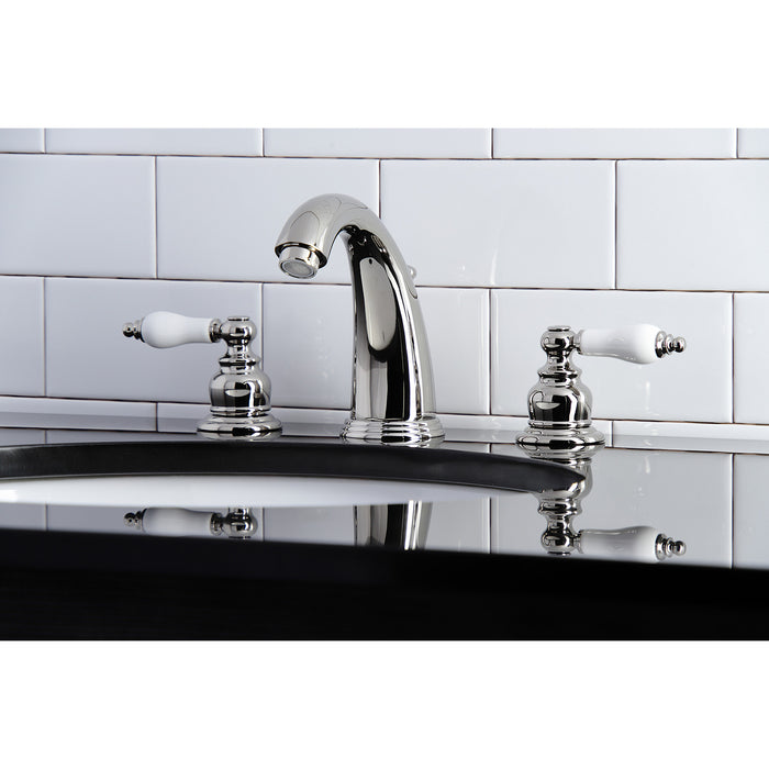 Kingston Heirloom KB986PLPN - Victorian Two-Handle 3-Hole Deck Mount Widespread Bathroom Faucet with Pop-Up Drain, Polished Nickel