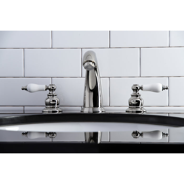 Kingston Heirloom KB986PLPN - Victorian Two-Handle 3-Hole Deck Mount Widespread Bathroom Faucet with Pop-Up Drain, Polished Nickel