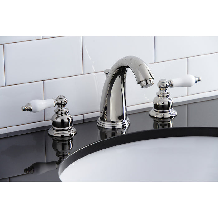 Kingston Heirloom KB986PLPN - Victorian Two-Handle 3-Hole Deck Mount Widespread Bathroom Faucet with Pop-Up Drain, Polished Nickel