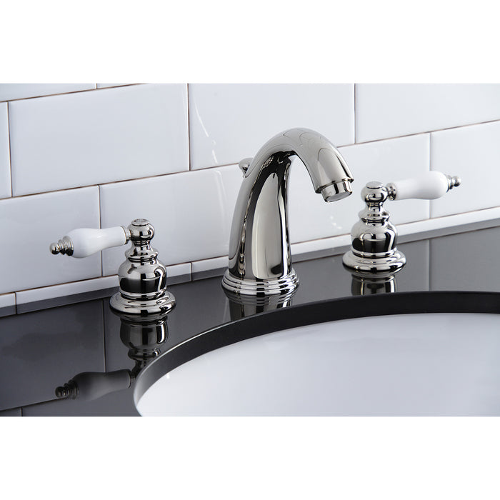 Victorian KB986PLPN Two-Handle 3-Hole Deck Mount Widespread Bathroom Faucet with Plastic Pop-Up, Polished Nickel
