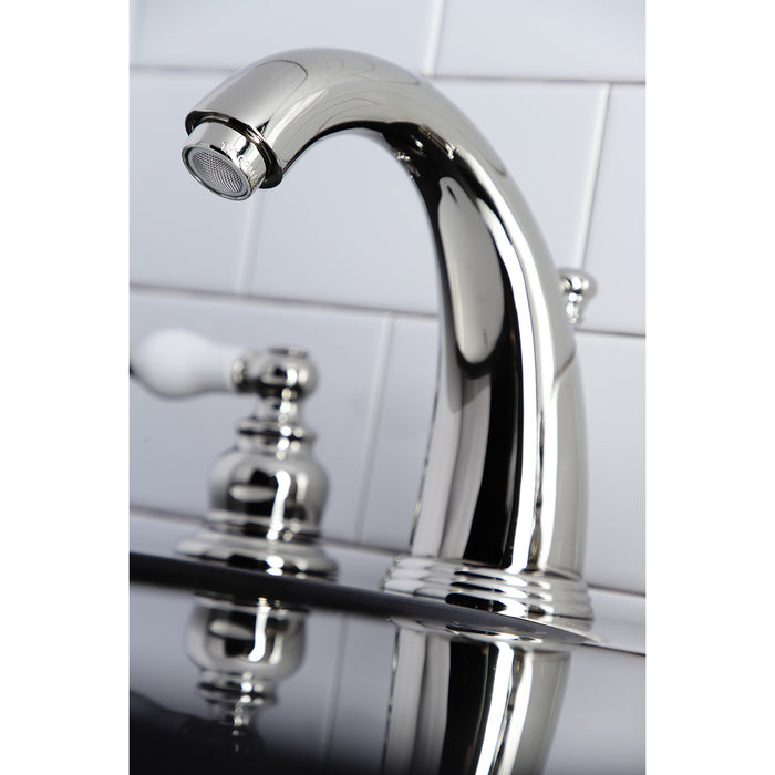 Kingston Heirloom KB986PLPN - Victorian Two-Handle 3-Hole Deck Mount Widespread Bathroom Faucet with Pop-Up Drain, Polished Nickel