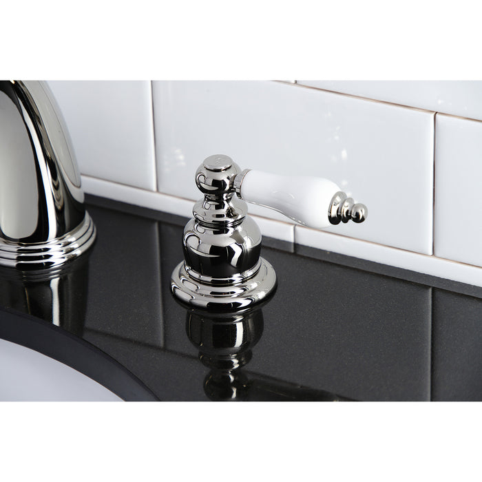 Kingston Heirloom KB986PLPN - Victorian Two-Handle 3-Hole Deck Mount Widespread Bathroom Faucet with Pop-Up Drain, Polished Nickel
