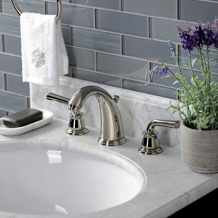 Kingston Tulare KB986RXLPN - Restoration Two-Handle 3-Hole Deck Mount Widespread Bathroom Faucet with Pop-Up Drain, Polished Nickel