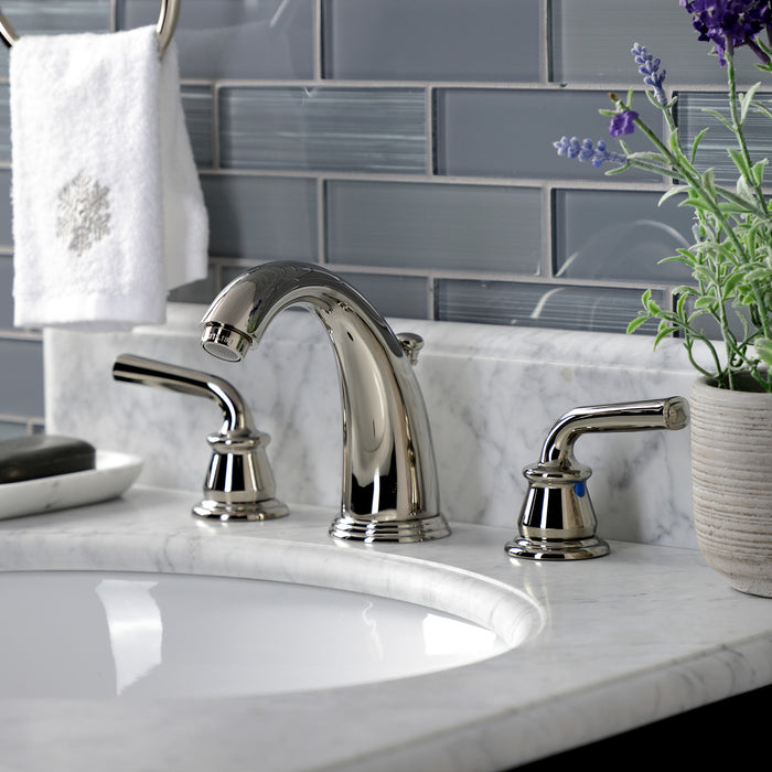 Kingston Tulare KB986RXLPN - Restoration Two-Handle 3-Hole Deck Mount Widespread Bathroom Faucet with Pop-Up Drain, Polished Nickel