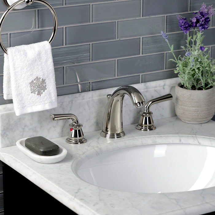 Kingston Tulare KB986RXLPN - Restoration Two-Handle 3-Hole Deck Mount Widespread Bathroom Faucet with Pop-Up Drain, Polished Nickel