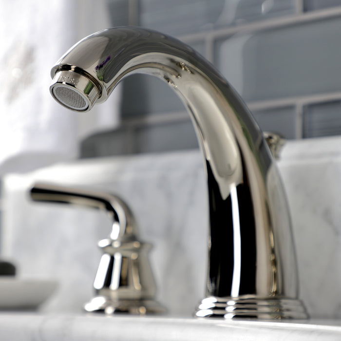 Kingston Tulare KB986RXLPN - Restoration Two-Handle 3-Hole Deck Mount Widespread Bathroom Faucet with Pop-Up Drain, Polished Nickel
