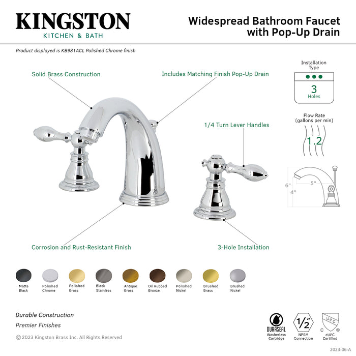 Kingston Tulare KB987ACLSB - American Classic Two-Handle 3-Hole Deck Mount Widespread Bathroom Faucet with Pop-Up Drain, Brushed Brass