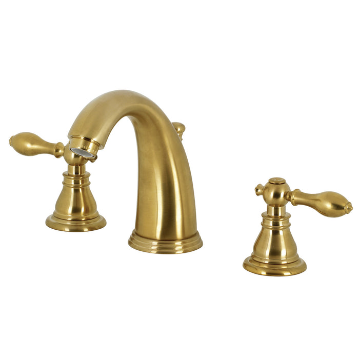 Kingston Tulare KB987ACLSB - American Classic Two-Handle 3-Hole Deck Mount Widespread Bathroom Faucet with Pop-Up Drain, Brushed Brass