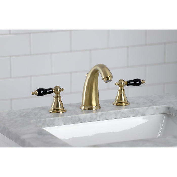 Kingston Heirloom KB987AKLSB - Duchess Two-Handle 3-Hole Deck Mount Widespread Bathroom Faucet with Pop-Up Drain, Brushed Brass