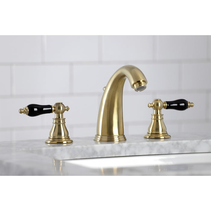 Kingston Heirloom KB987AKLSB - Duchess Two-Handle 3-Hole Deck Mount Widespread Bathroom Faucet with Pop-Up Drain, Brushed Brass