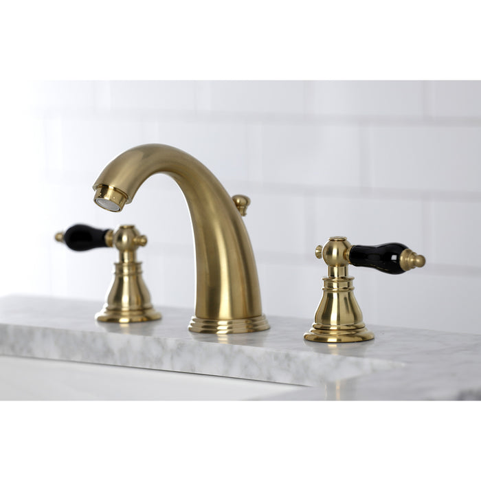 Kingston Heirloom KB987AKLSB - Duchess Two-Handle 3-Hole Deck Mount Widespread Bathroom Faucet with Pop-Up Drain, Brushed Brass