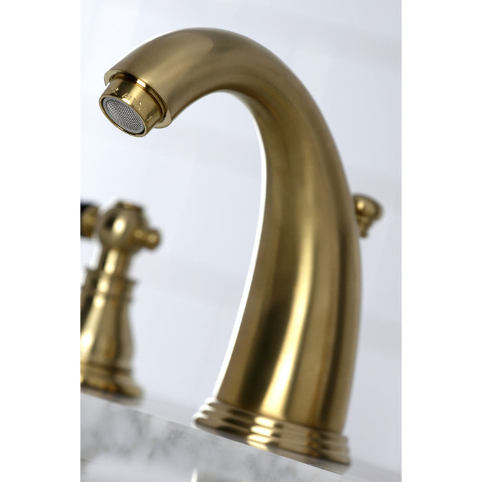 Kingston Heirloom KB987AKLSB - Duchess Two-Handle 3-Hole Deck Mount Widespread Bathroom Faucet with Pop-Up Drain, Brushed Brass