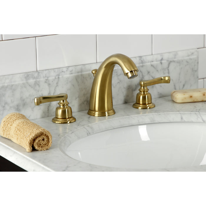 Kingston Tulare KB987FL - Royale Two-Handle 3-Hole Deck Mount Widespread Bathroom Faucet with Pop-Up Drain, Brushed Brass