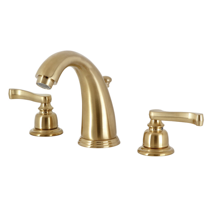 Kingston Tulare KB987FL - Royale Two-Handle 3-Hole Deck Mount Widespread Bathroom Faucet with Pop-Up Drain, Brushed Brass