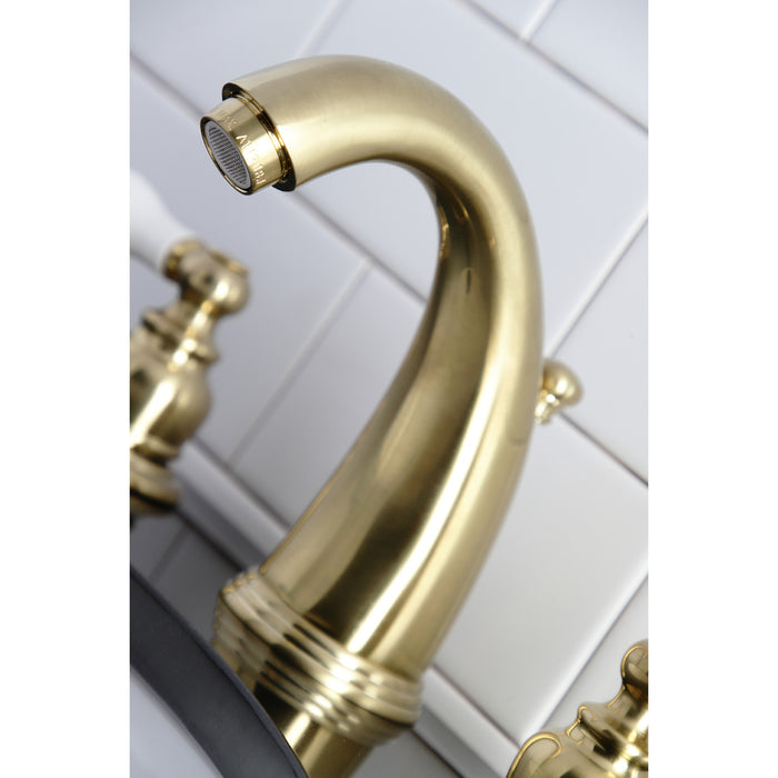 Kingston Heirloom KB987PLSB - Victorian Two-Handle 3-Hole Deck Mount Widespread Bathroom Faucet with Pop-Up Drain, Brushed Brass