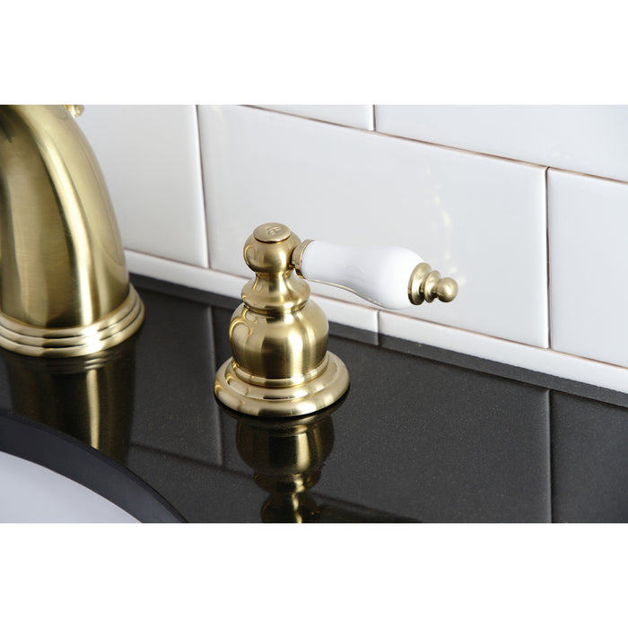 Kingston Heirloom KB987PLSB - Victorian Two-Handle 3-Hole Deck Mount Widespread Bathroom Faucet with Pop-Up Drain, Brushed Brass
