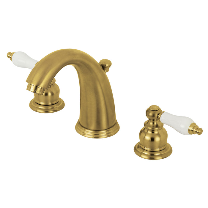 Kingston Heirloom KB987PLSB - Victorian Two-Handle 3-Hole Deck Mount Widespread Bathroom Faucet with Pop-Up Drain, Brushed Brass