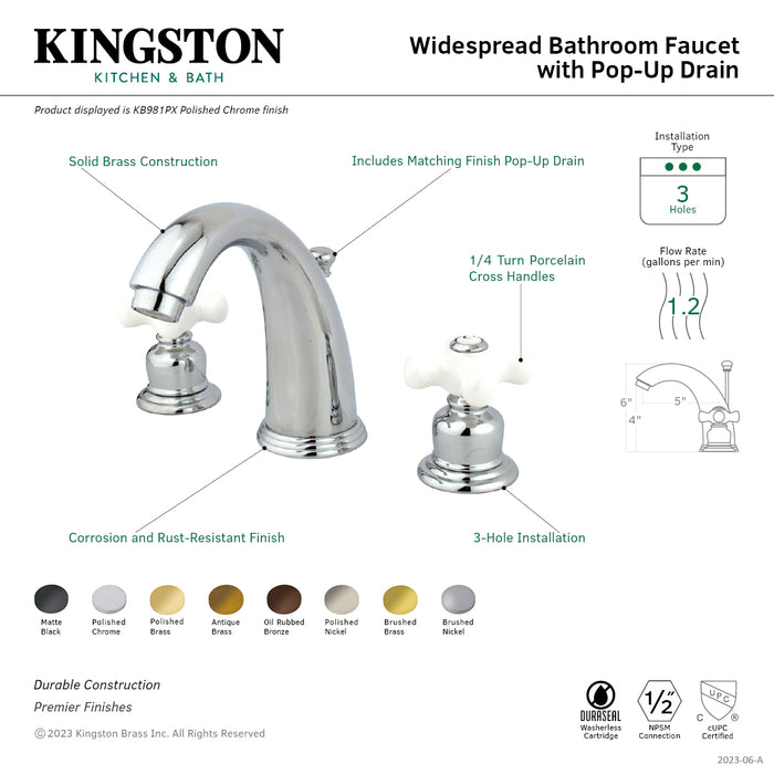 Kingston Heirloom KB987PXSB - Victorian Two-Handle 3-Hole Deck Mount Widespread Bathroom Faucet with Pop-Up Drain, Brushed Brass