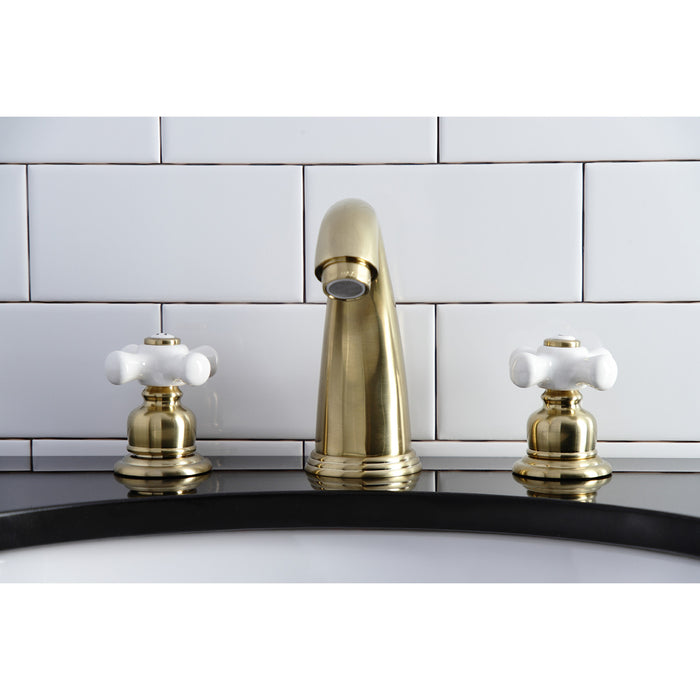 Victorian KB987PXSB Two-Handle 3-Hole Deck Mount Widespread Bathroom Faucet with Plastic Pop-Up, Brushed Brass