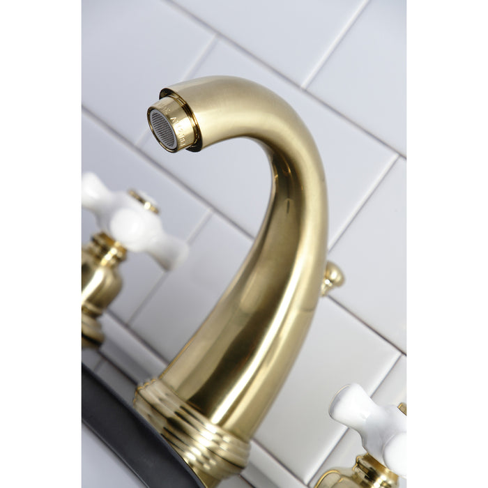 Kingston Heirloom KB987PXSB - Victorian Two-Handle 3-Hole Deck Mount Widespread Bathroom Faucet with Pop-Up Drain, Brushed Brass