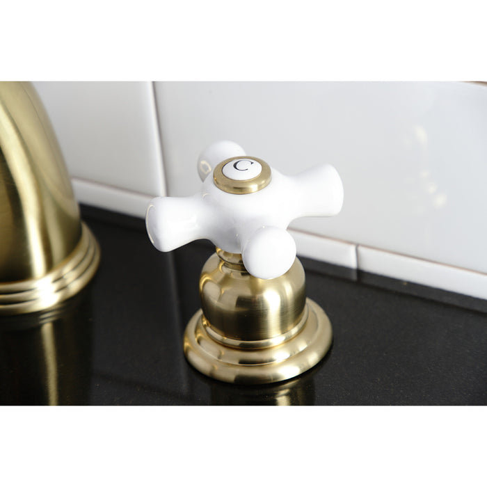 Kingston Heirloom KB987PXSB - Victorian Two-Handle 3-Hole Deck Mount Widespread Bathroom Faucet with Pop-Up Drain, Brushed Brass
