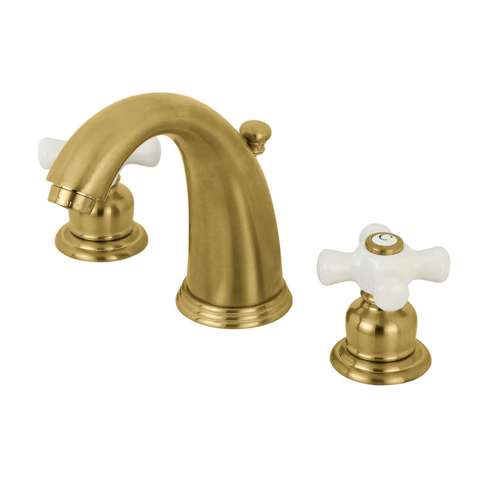 Kingston Heirloom KB987PXSB - Victorian Two-Handle 3-Hole Deck Mount Widespread Bathroom Faucet with Pop-Up Drain, Brushed Brass