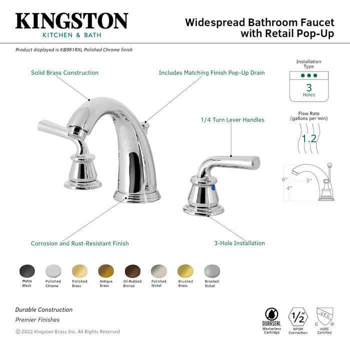 Kingston Tulare KB987RXLSB - Restoration Two-Handle 3-Hole Deck Mount Widespread Bathroom Faucet with Pop-Up Drain, Brushed Brass