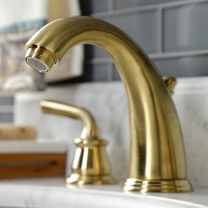 Kingston Tulare KB987RXLSB - Restoration Two-Handle 3-Hole Deck Mount Widespread Bathroom Faucet with Pop-Up Drain, Brushed Brass