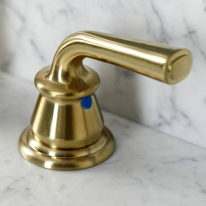 Kingston Tulare KB987RXLSB - Restoration Two-Handle 3-Hole Deck Mount Widespread Bathroom Faucet with Pop-Up Drain, Brushed Brass