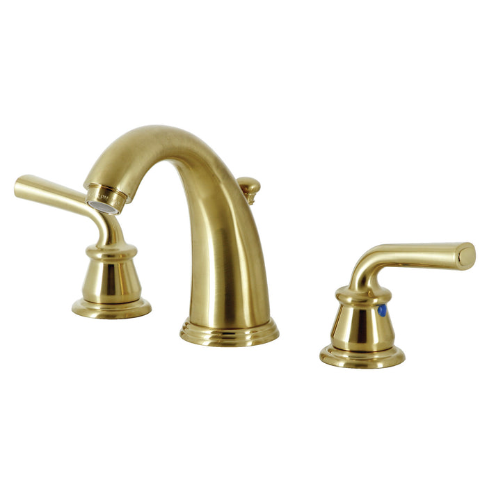 Kingston Tulare KB987RXLSB - Restoration Two-Handle 3-Hole Deck Mount Widespread Bathroom Faucet with Pop-Up Drain, Brushed Brass