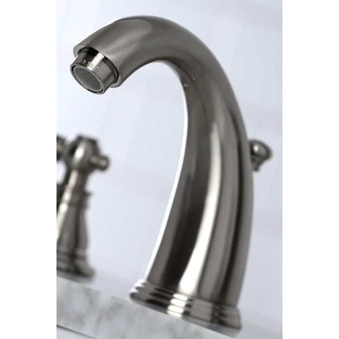 Kingston Heirloom KB988AKL - Duchess Two-Handle 3-Hole Deck Mount Widespread Bathroom Faucet with Pop-Up Drain, Brushed Nickel